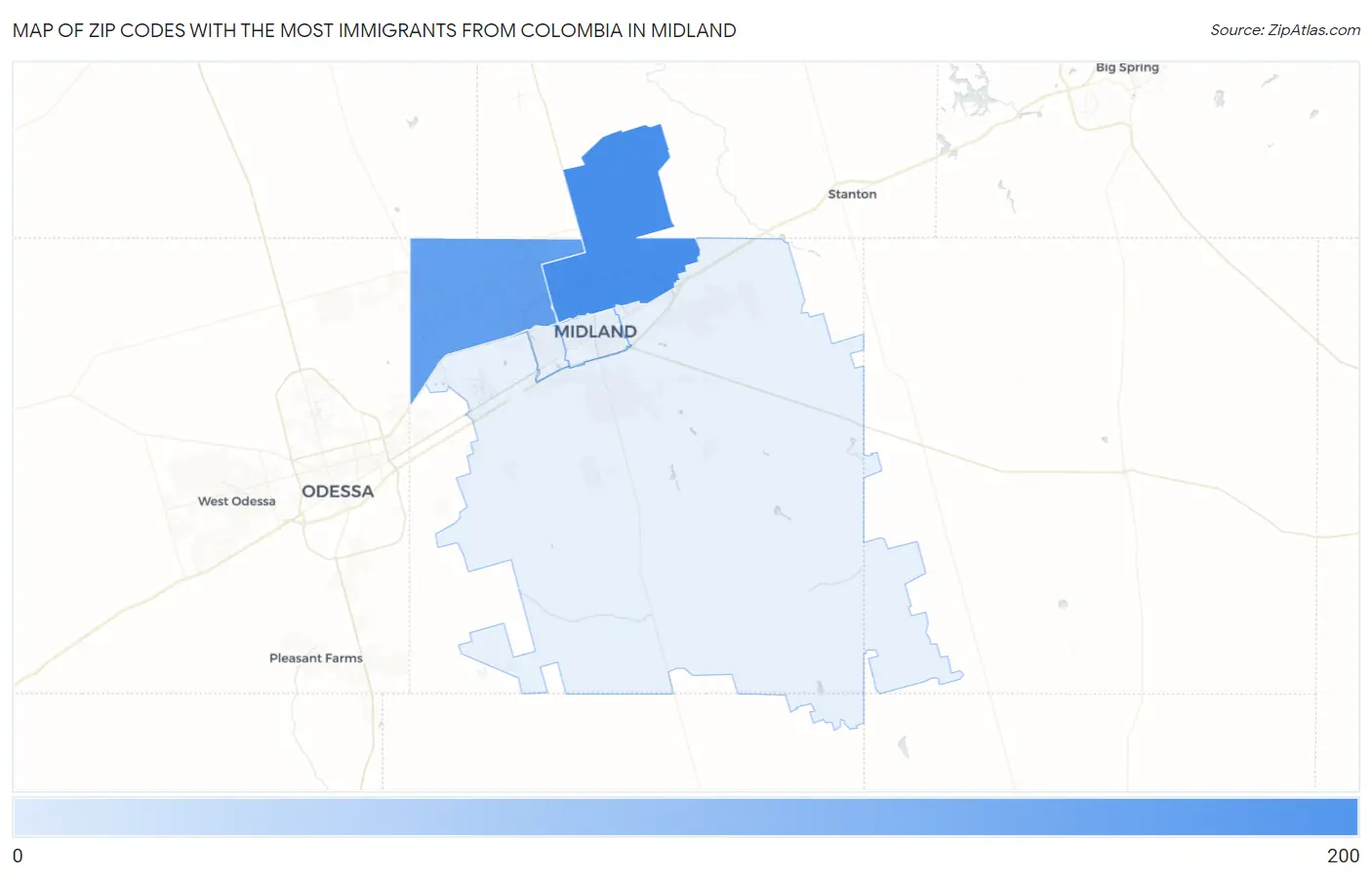 Zip Codes with the Most Immigrants from Colombia in Midland Map