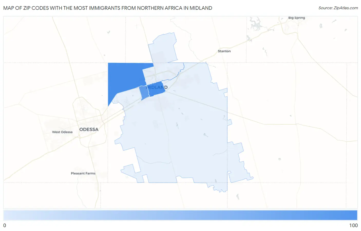 Zip Codes with the Most Immigrants from Northern Africa in Midland Map