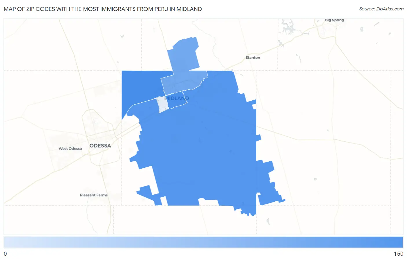 Zip Codes with the Most Immigrants from Peru in Midland Map