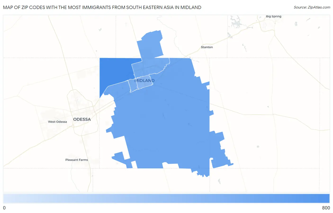 Zip Codes with the Most Immigrants from South Eastern Asia in Midland Map