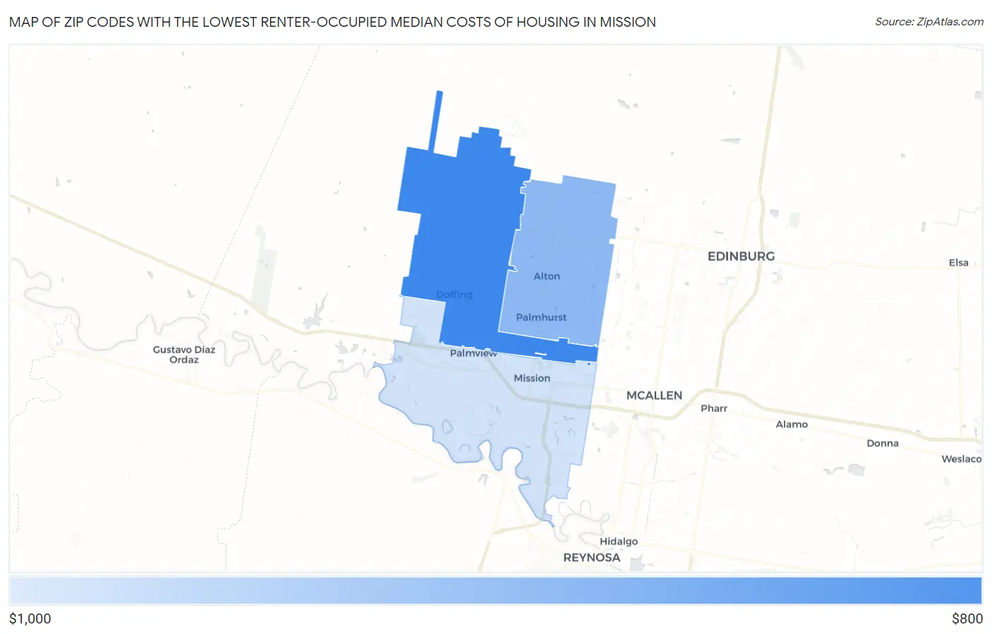 Zip Codes with the Lowest Renter-Occupied Median Costs of Housing in Mission Map