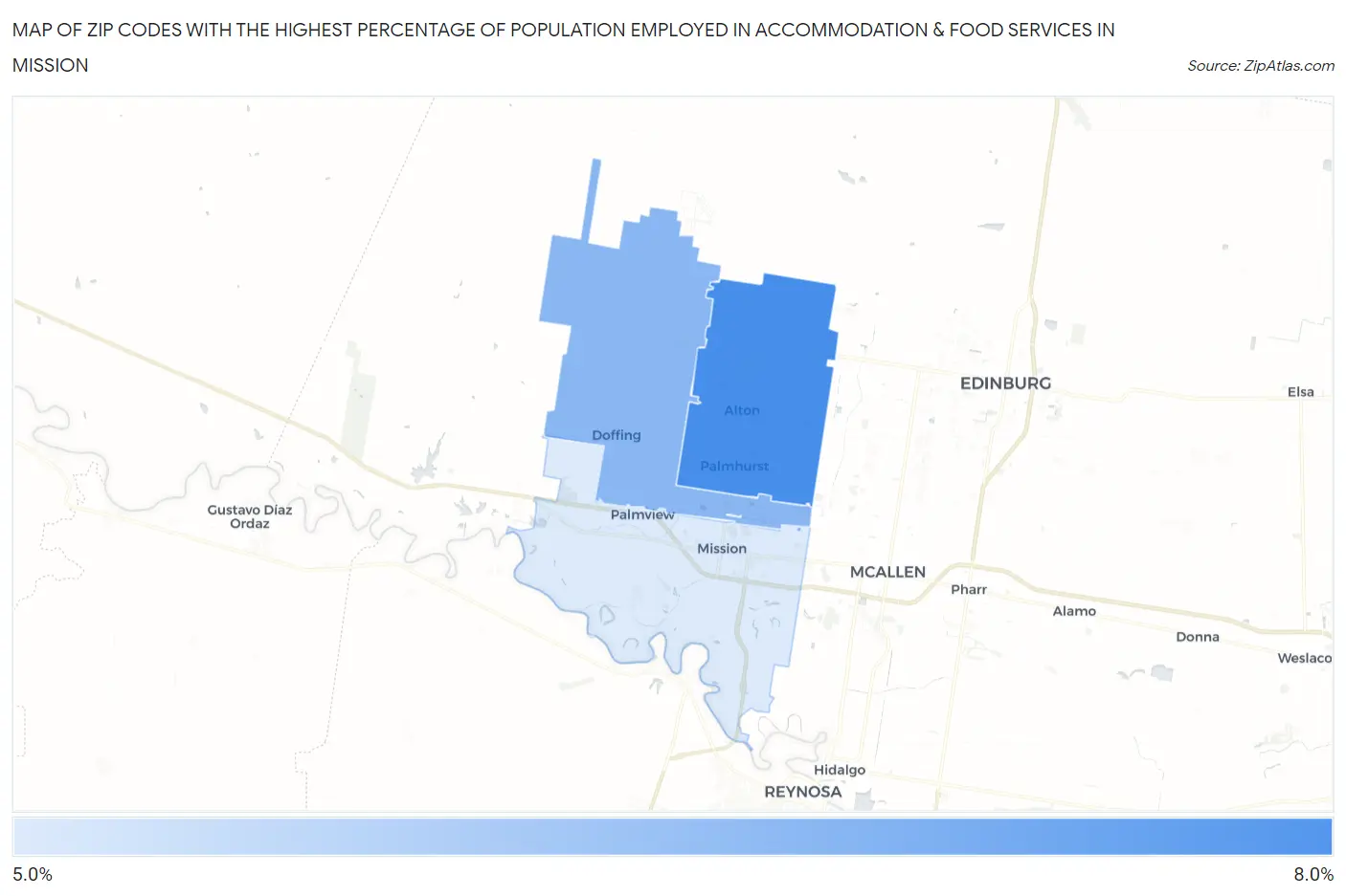 Zip Codes with the Highest Percentage of Population Employed in Accommodation & Food Services in Mission Map