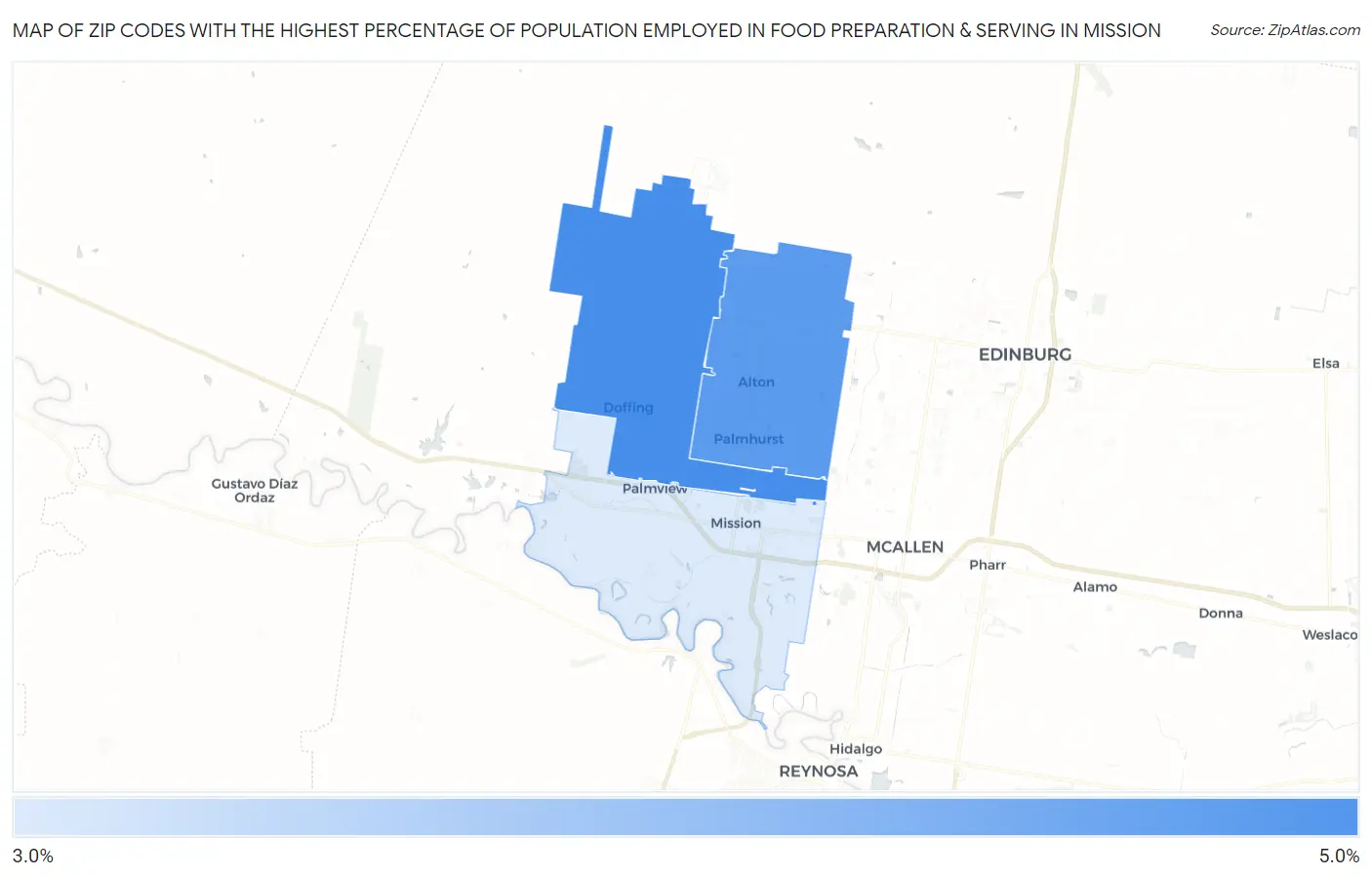 Zip Codes with the Highest Percentage of Population Employed in Food Preparation & Serving in Mission Map