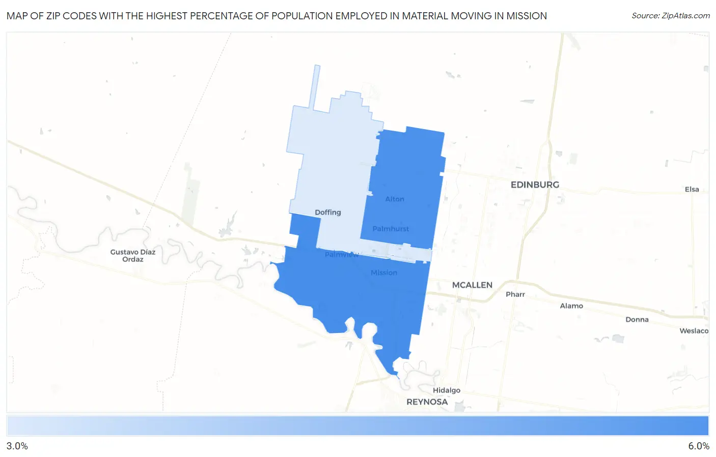 Zip Codes with the Highest Percentage of Population Employed in Material Moving in Mission Map