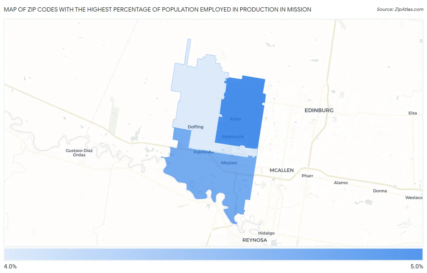 Zip Codes with the Highest Percentage of Population Employed in Production in Mission Map