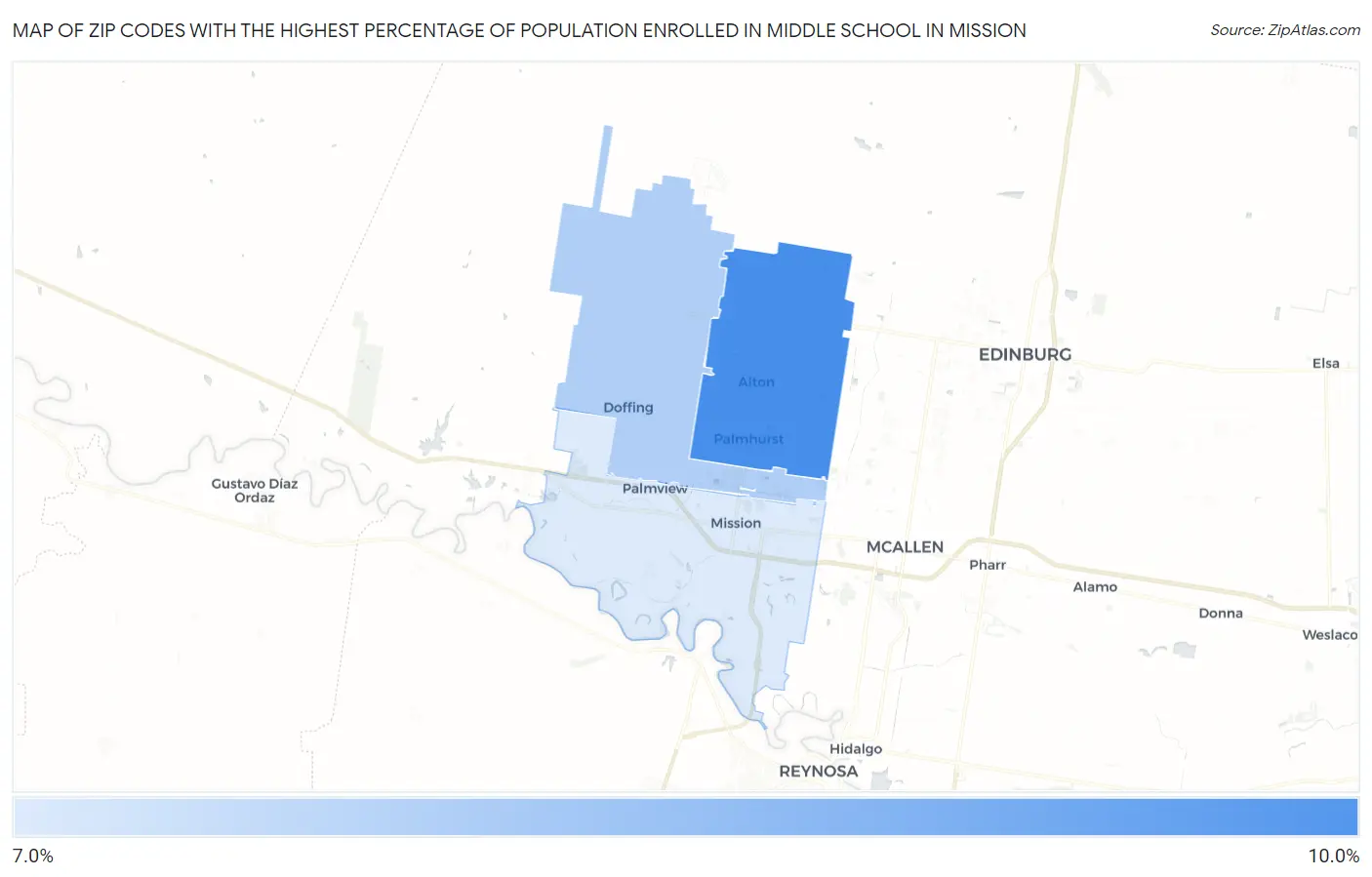 Zip Codes with the Highest Percentage of Population Enrolled in Middle School in Mission Map