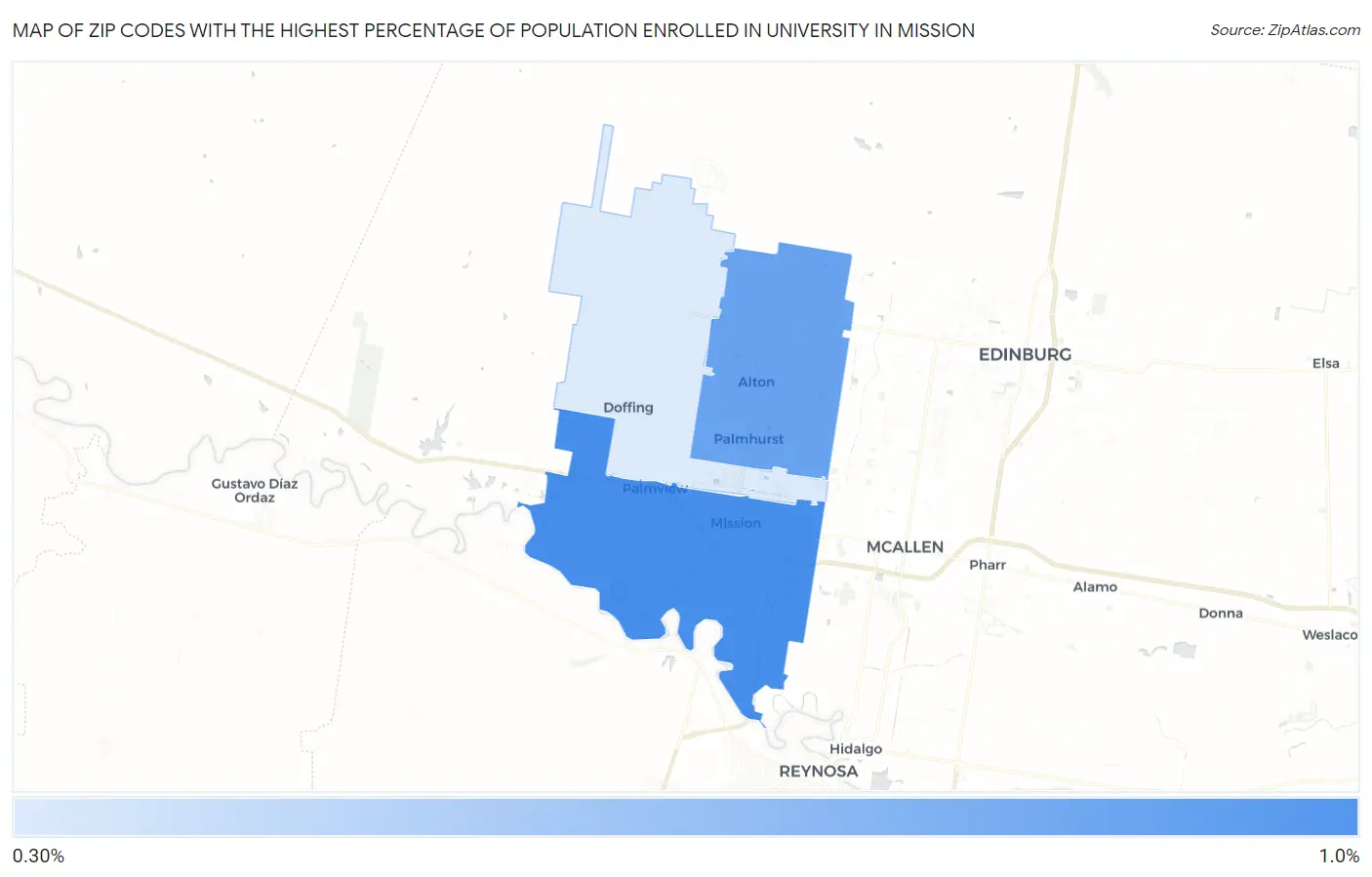 Zip Codes with the Highest Percentage of Population Enrolled in University in Mission Map