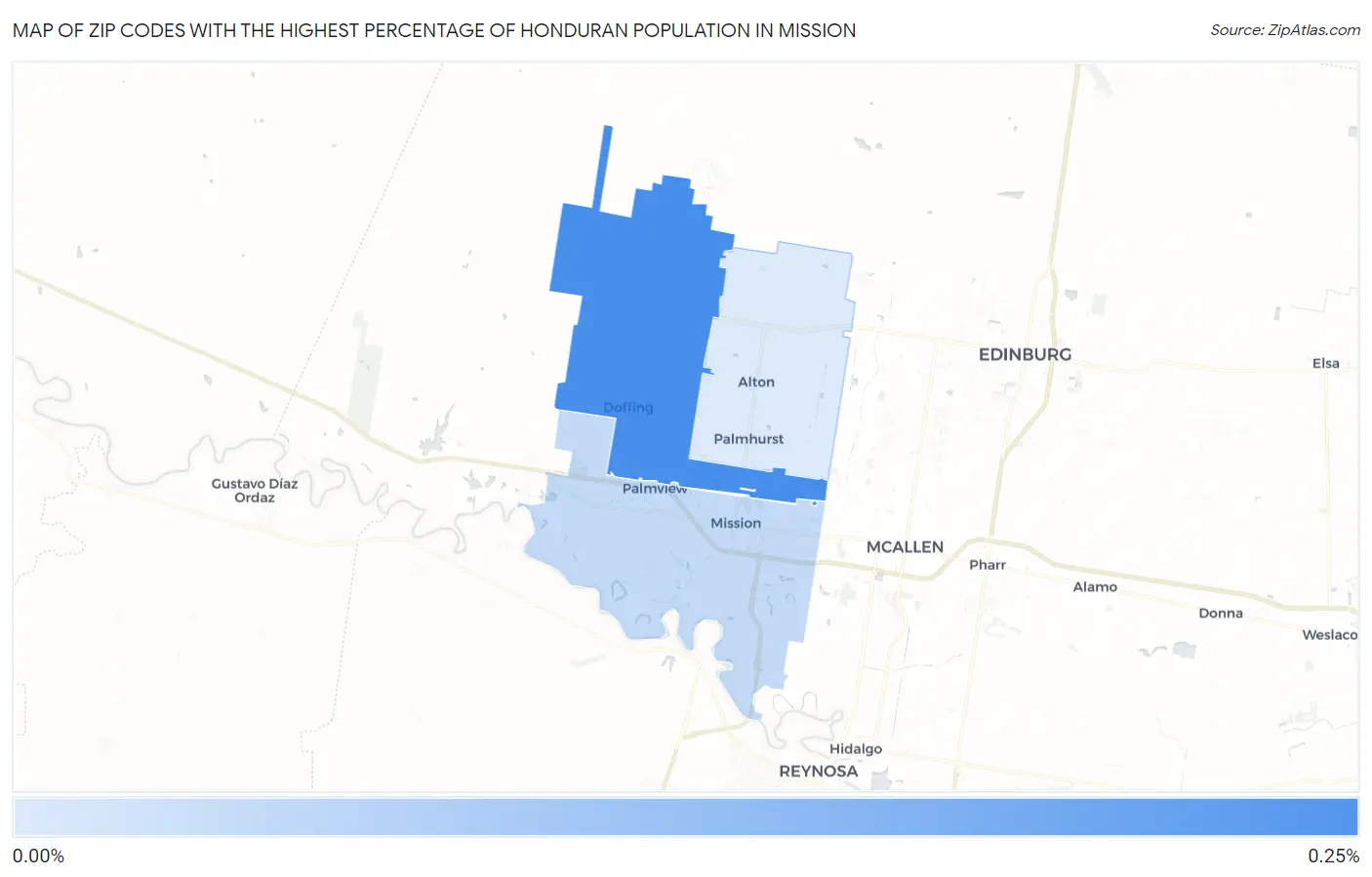 Zip Codes with the Highest Percentage of Honduran Population in Mission Map