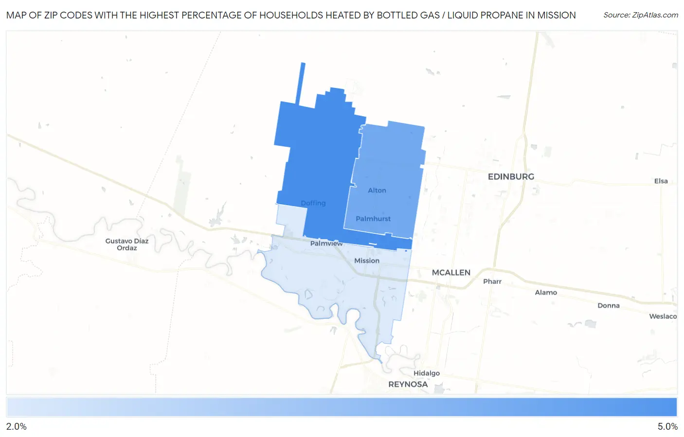 Zip Codes with the Highest Percentage of Households Heated by Bottled Gas / Liquid Propane in Mission Map