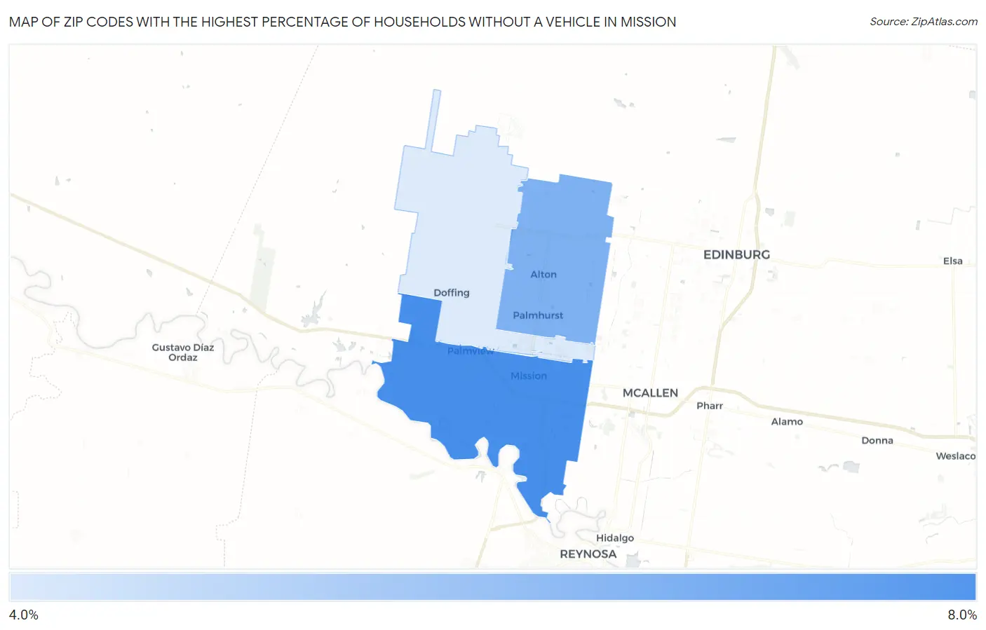 Zip Codes with the Highest Percentage of Households Without a Vehicle in Mission Map