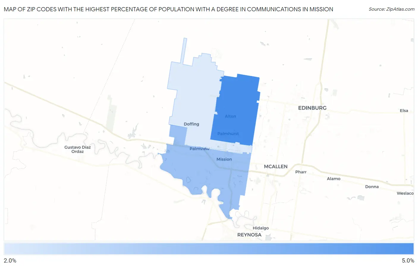 Zip Codes with the Highest Percentage of Population with a Degree in Communications in Mission Map