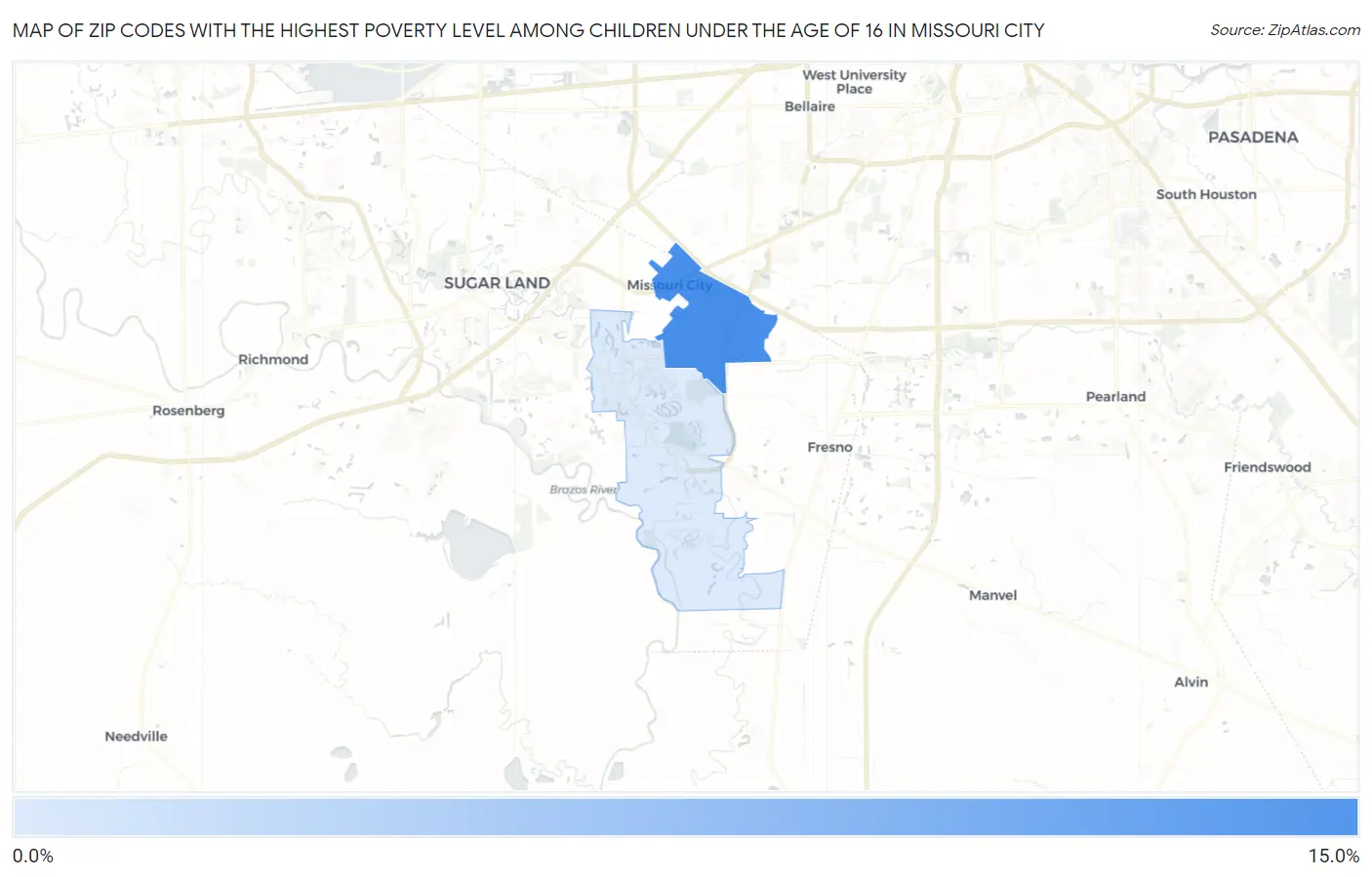 Zip Codes with the Highest Poverty Level Among Children Under the Age of 16 in Missouri City Map