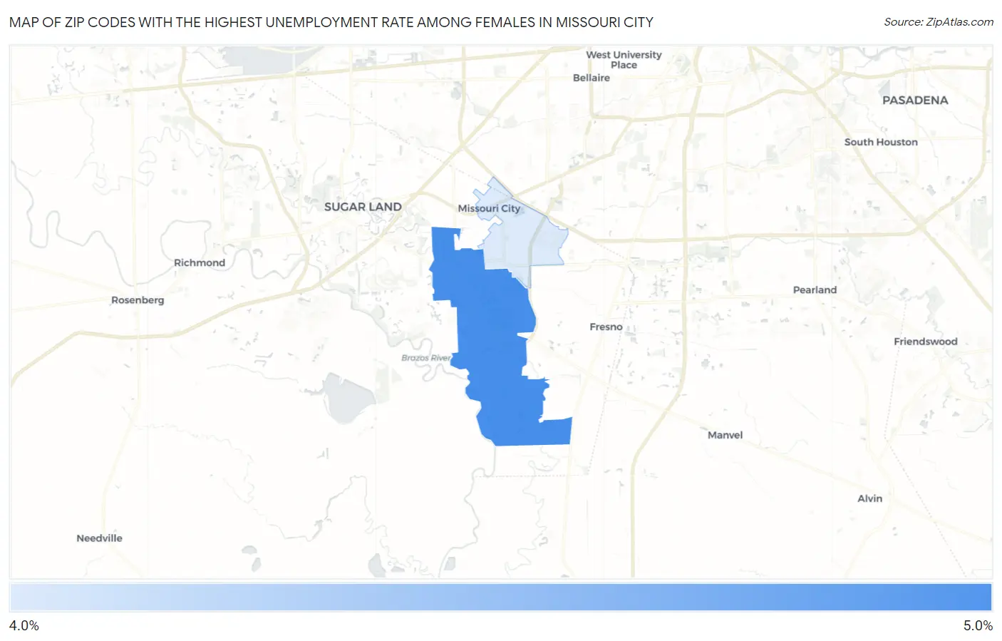 Zip Codes with the Highest Unemployment Rate Among Females in Missouri City Map