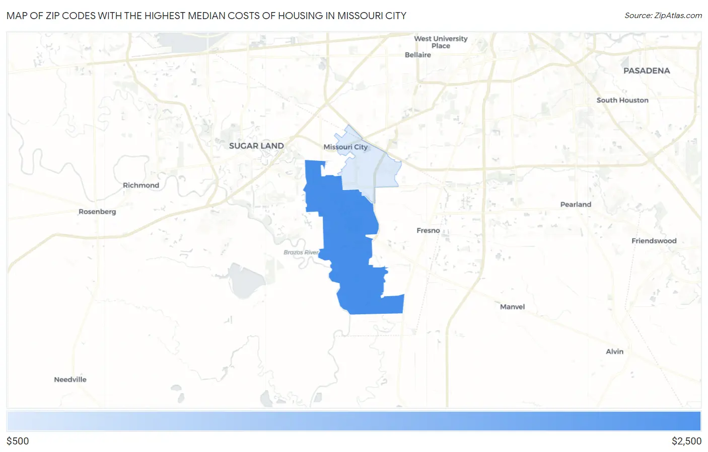 Zip Codes with the Highest Median Costs of Housing in Missouri City Map