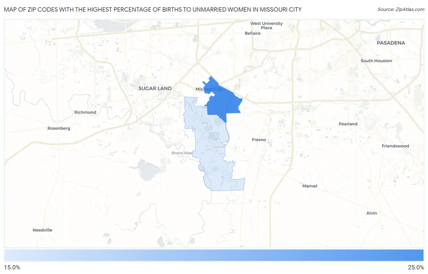 Zip Codes with the Highest Percentage of Births to Unmarried Women in Missouri City Map