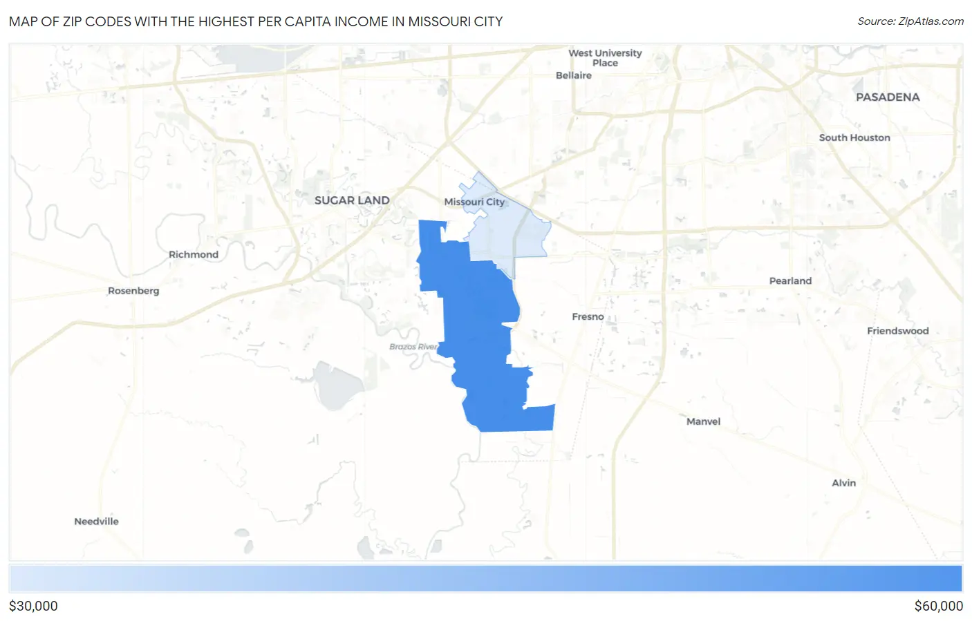 Zip Codes with the Highest Per Capita Income in Missouri City Map