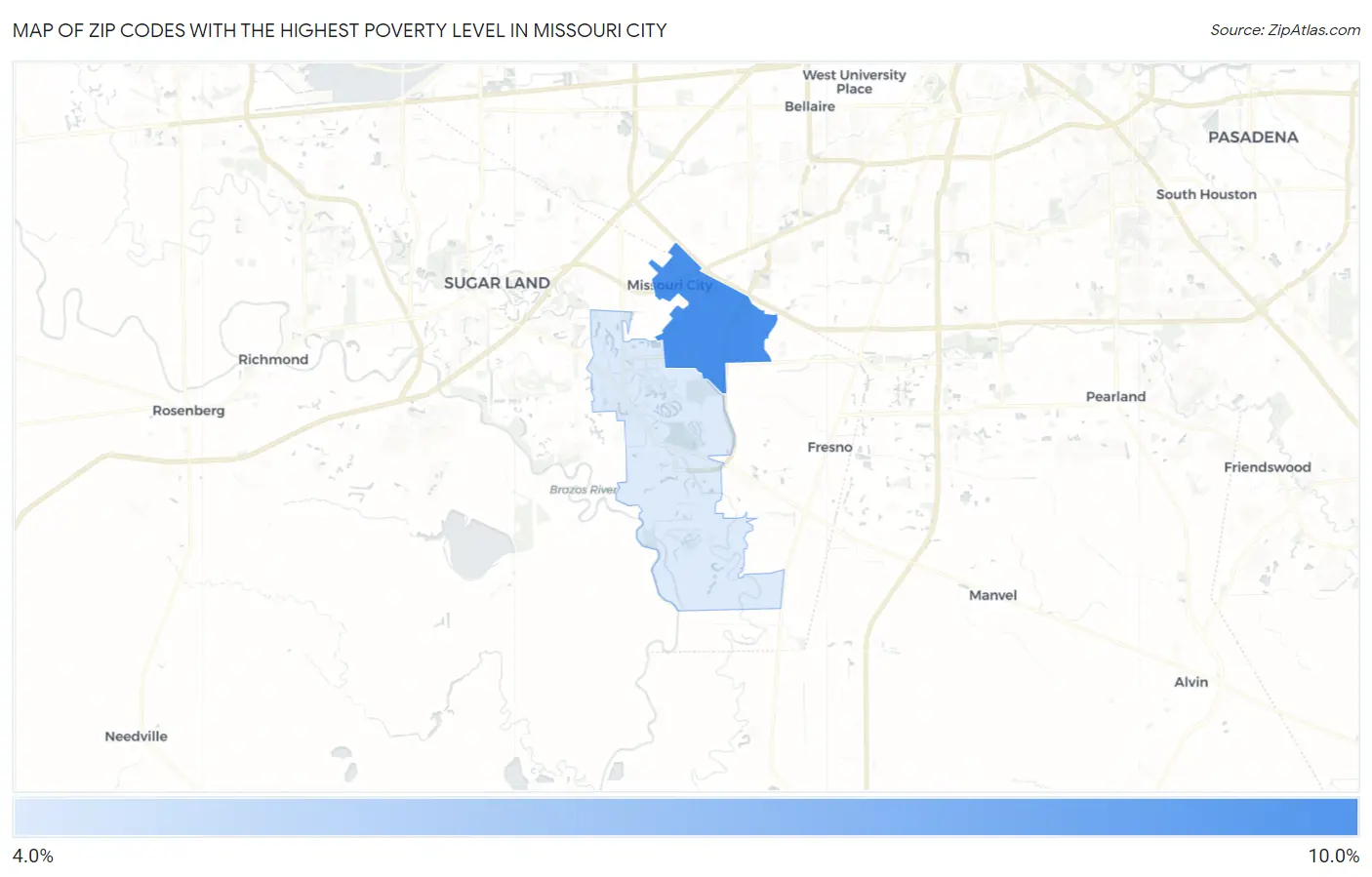 Zip Codes with the Highest Poverty Level in Missouri City Map