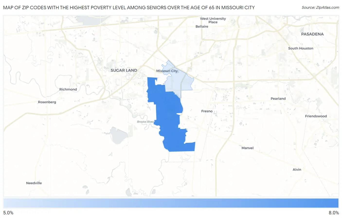 Zip Codes with the Highest Poverty Level Among Seniors Over the Age of 65 in Missouri City Map