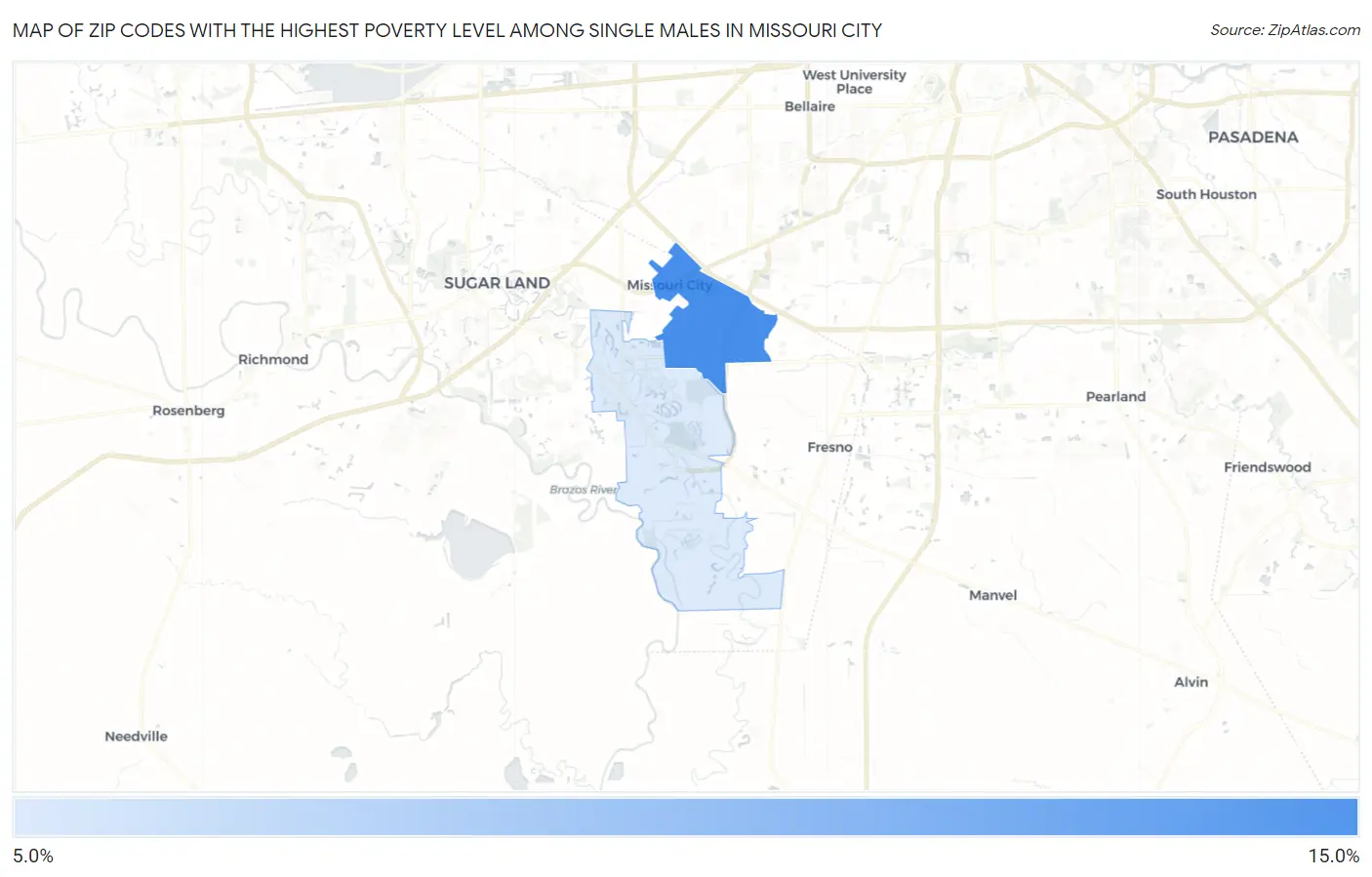Zip Codes with the Highest Poverty Level Among Single Males in Missouri City Map