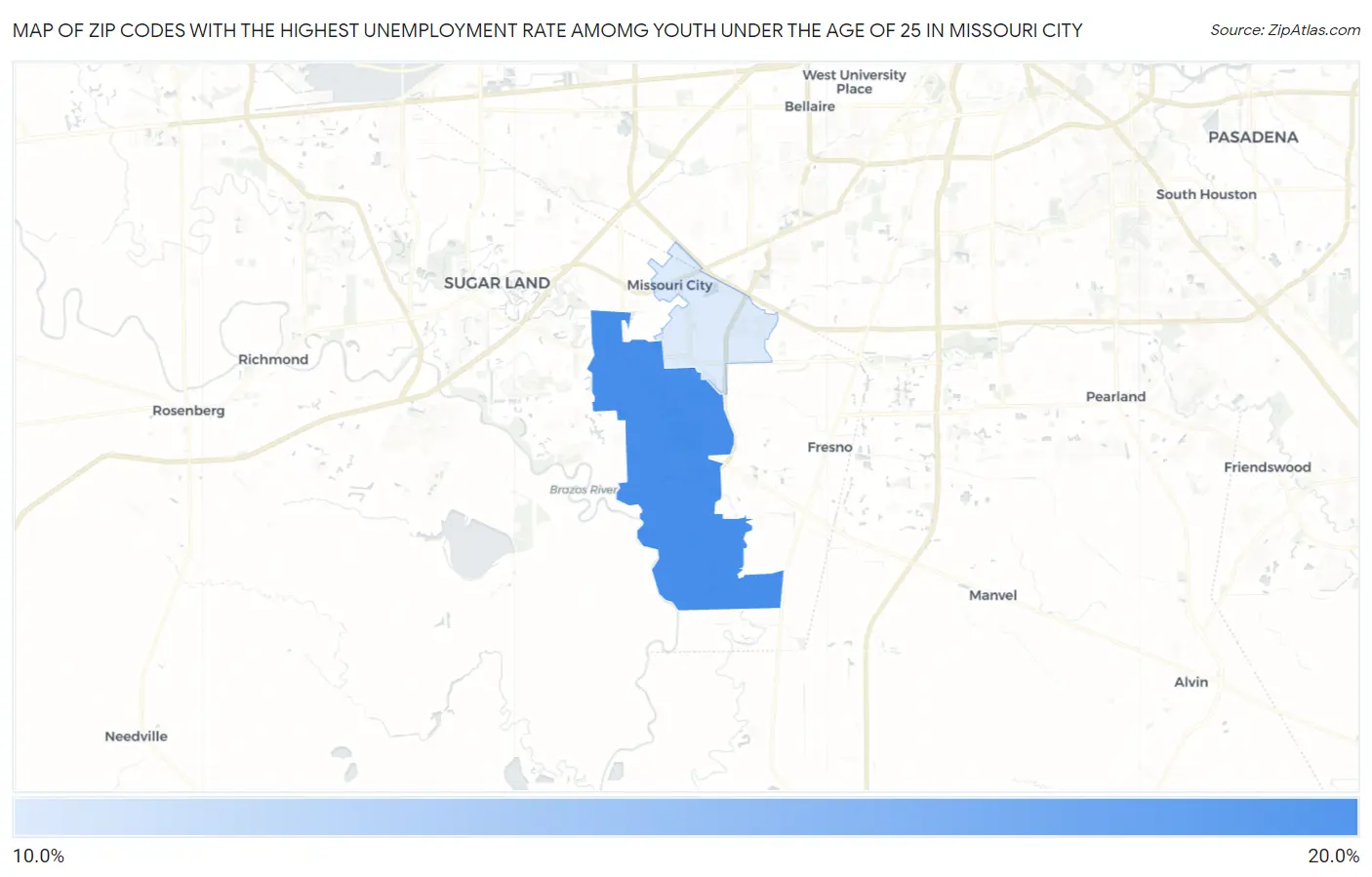 Zip Codes with the Highest Unemployment Rate Amomg Youth Under the Age of 25 in Missouri City Map