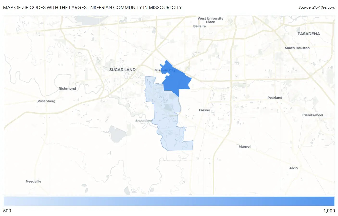 Zip Codes with the Largest Nigerian Community in Missouri City Map