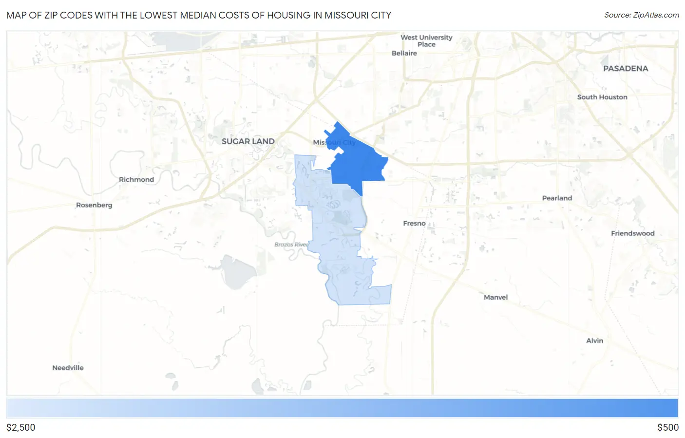 Zip Codes with the Lowest Median Costs of Housing in Missouri City Map
