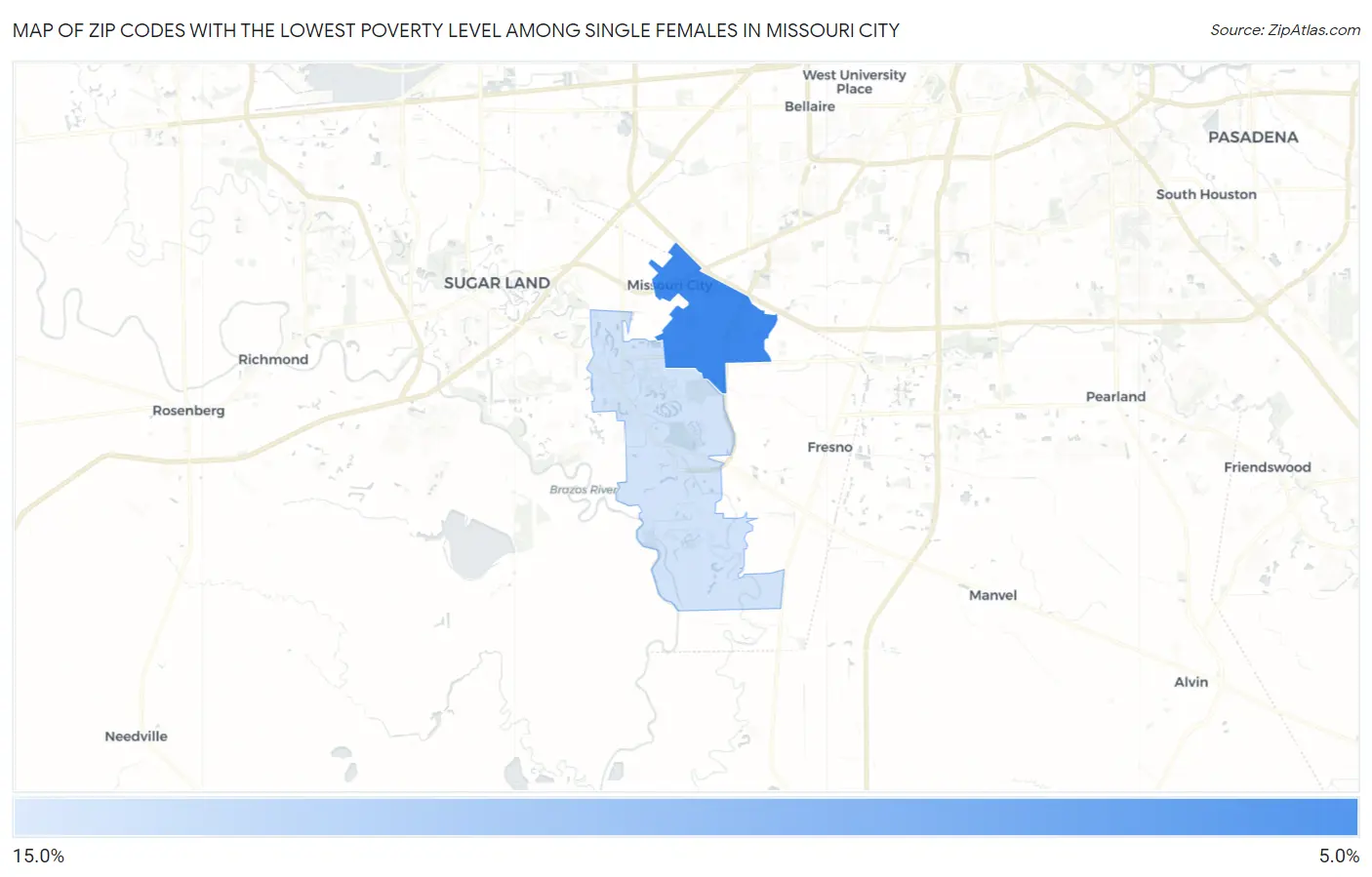 Zip Codes with the Lowest Poverty Level Among Single Females in Missouri City Map