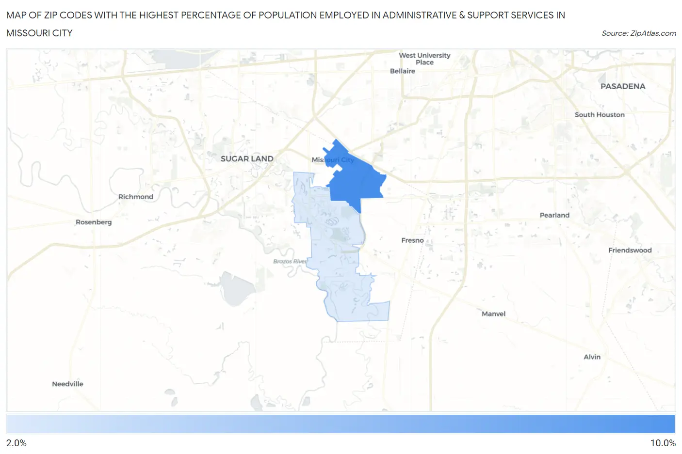 Zip Codes with the Highest Percentage of Population Employed in Administrative & Support Services in Missouri City Map