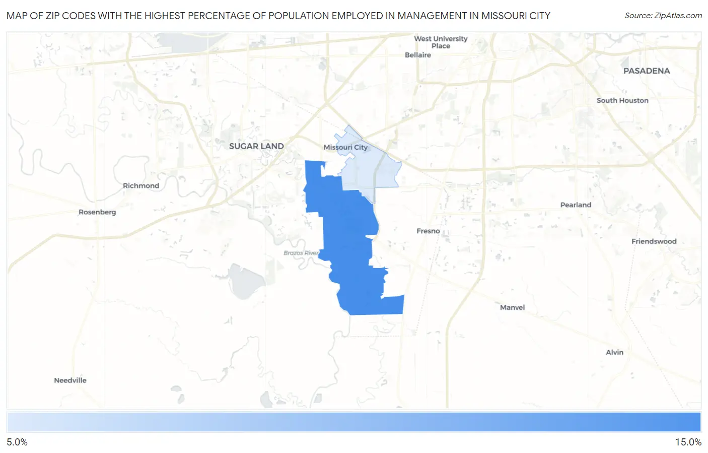 Zip Codes with the Highest Percentage of Population Employed in Management in Missouri City Map