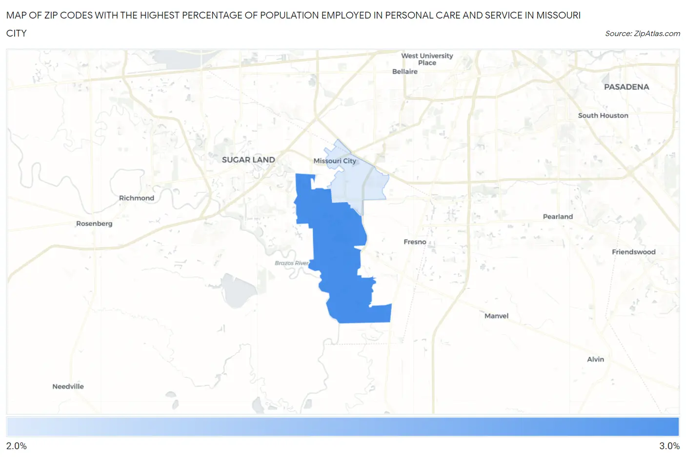 Zip Codes with the Highest Percentage of Population Employed in Personal Care and Service in Missouri City Map