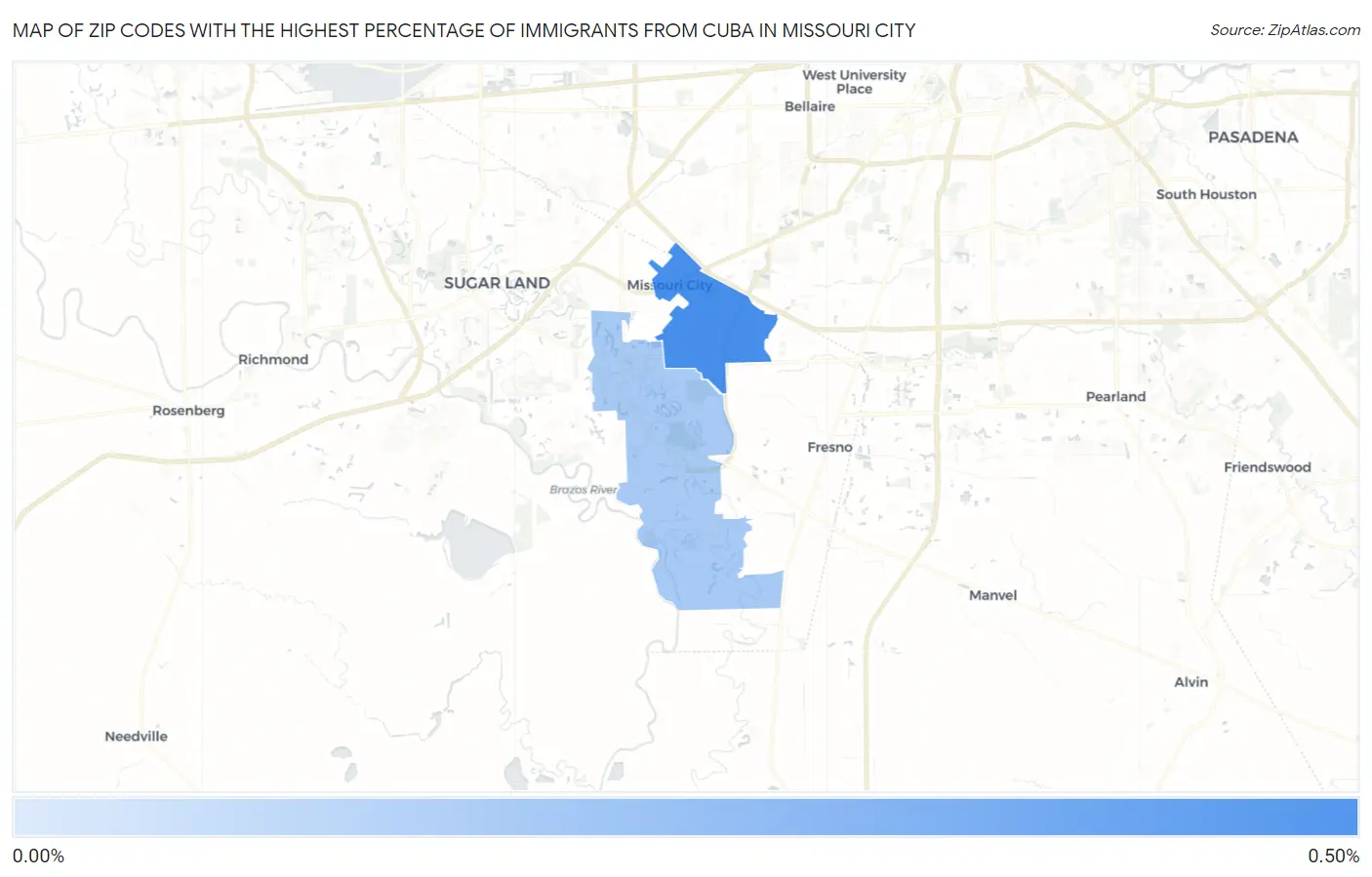 Zip Codes with the Highest Percentage of Immigrants from Cuba in Missouri City Map