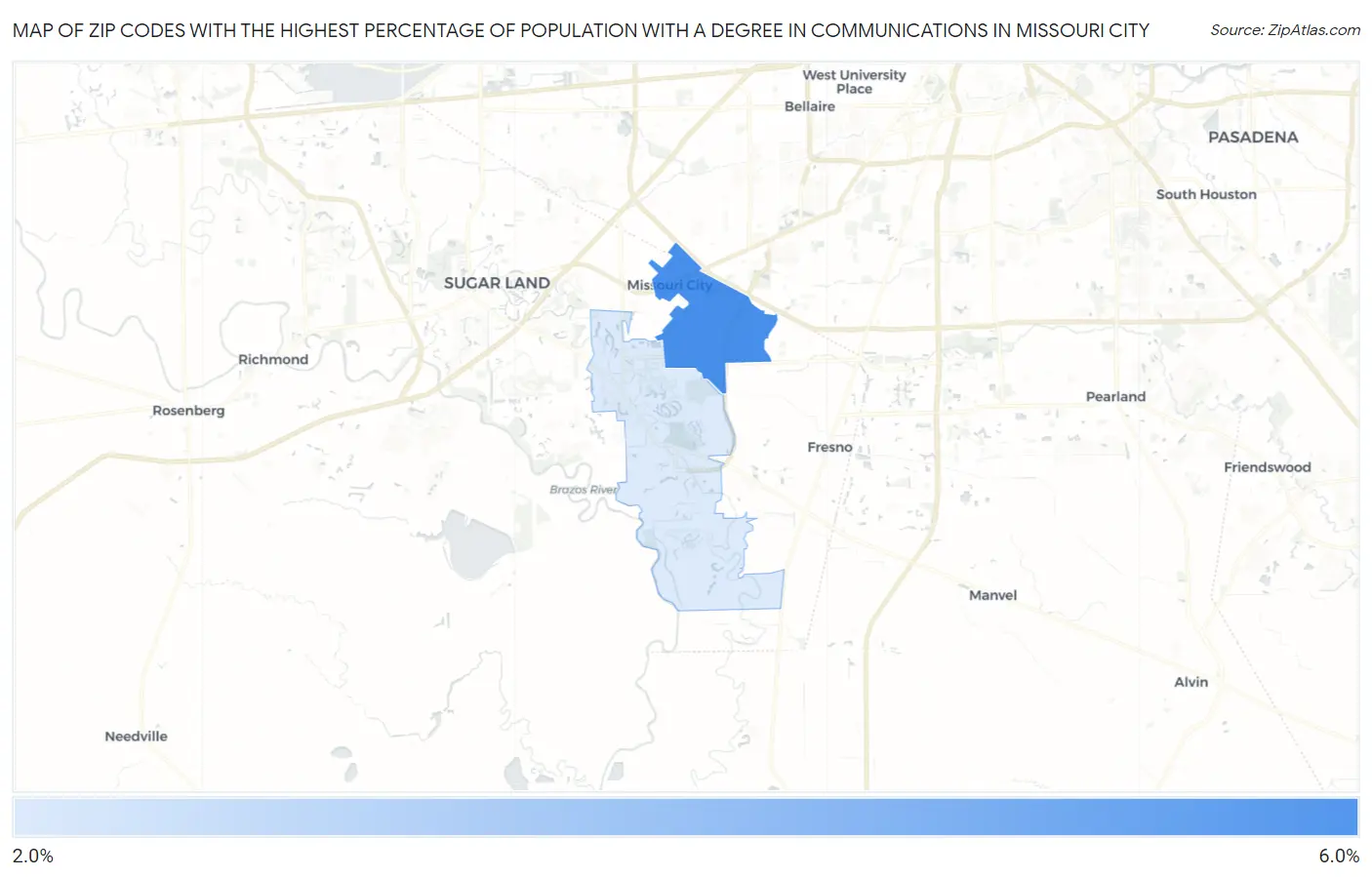 Zip Codes with the Highest Percentage of Population with a Degree in Communications in Missouri City Map