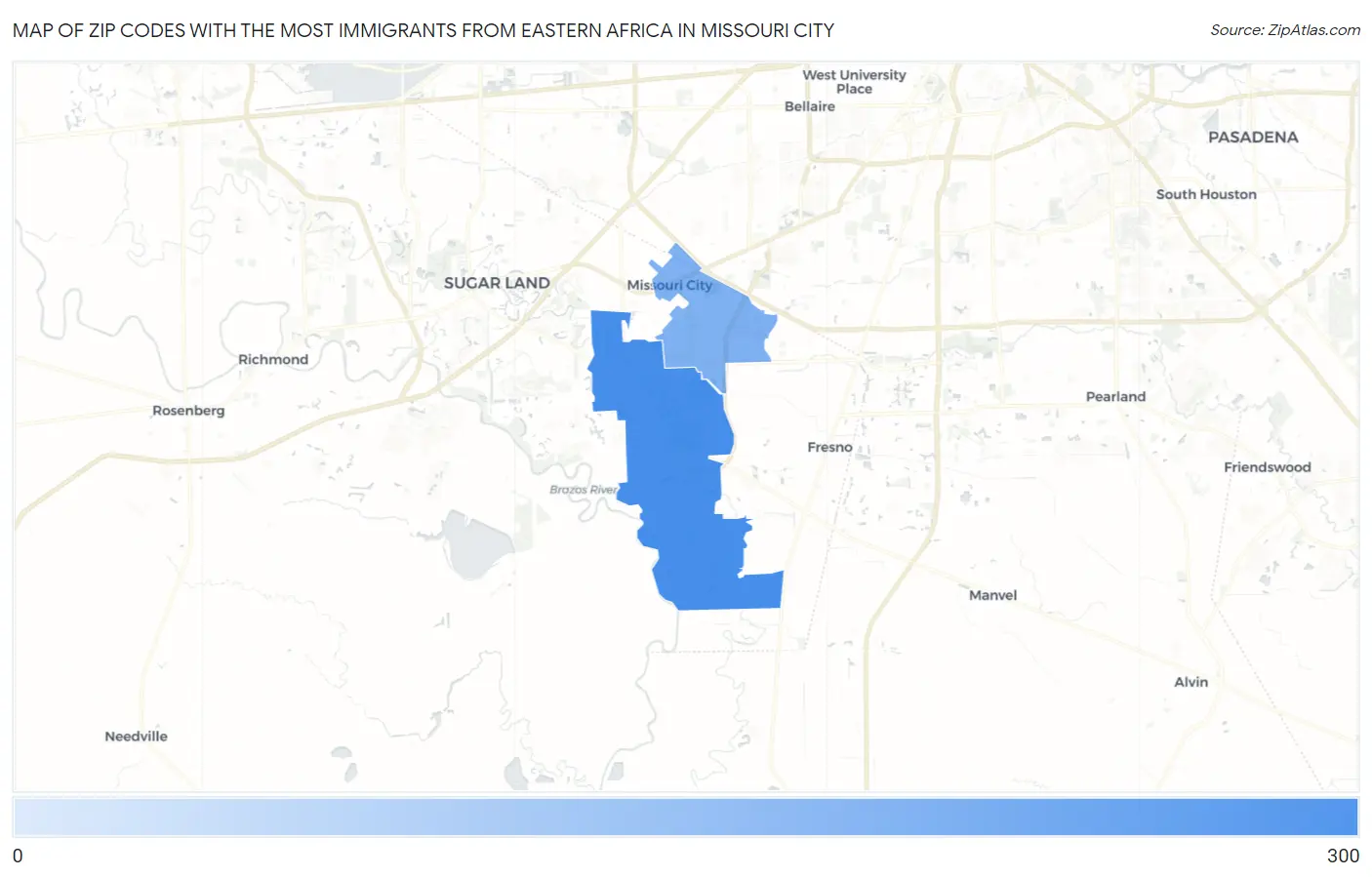 Zip Codes with the Most Immigrants from Eastern Africa in Missouri City Map