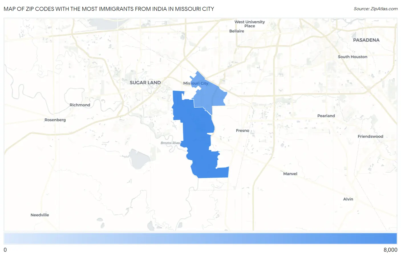 Zip Codes with the Most Immigrants from India in Missouri City Map