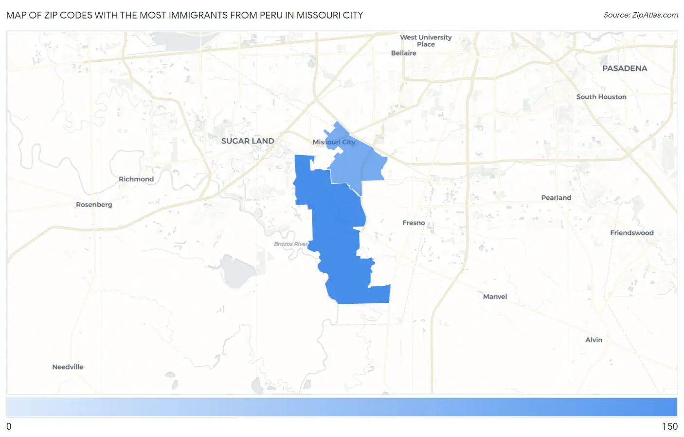 Zip Codes with the Most Immigrants from Peru in Missouri City Map