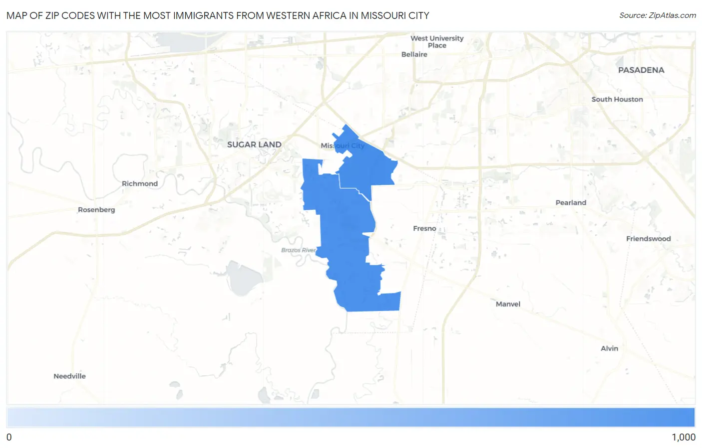 Zip Codes with the Most Immigrants from Western Africa in Missouri City Map