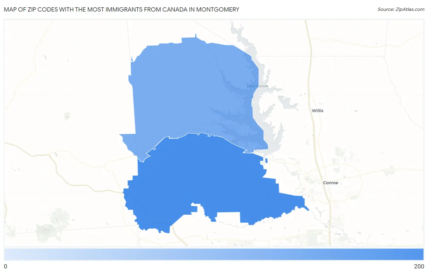 Zip Codes with the Most Immigrants from Canada in Montgomery Map