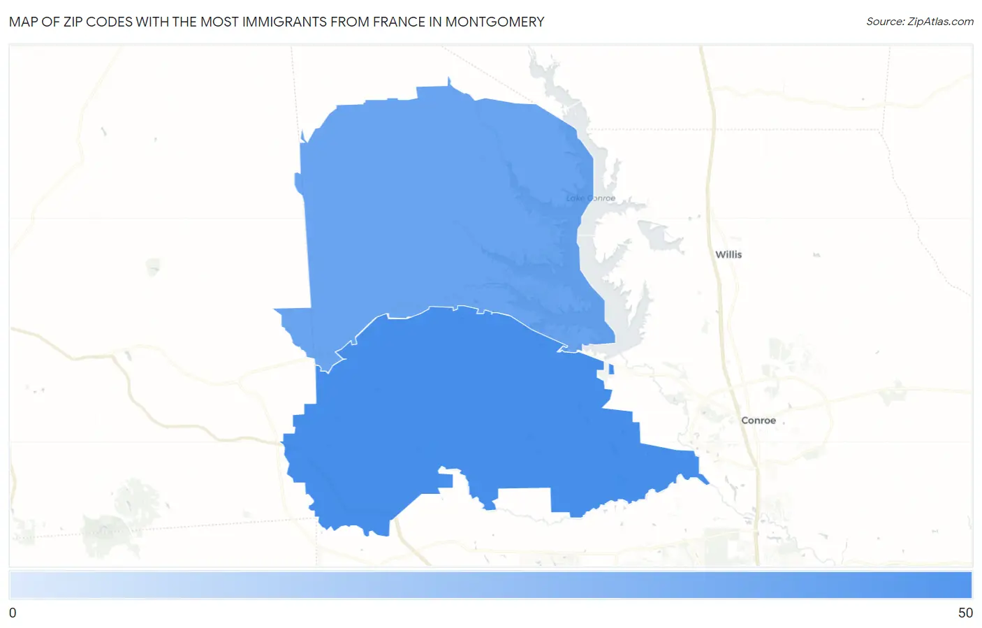 Zip Codes with the Most Immigrants from France in Montgomery Map