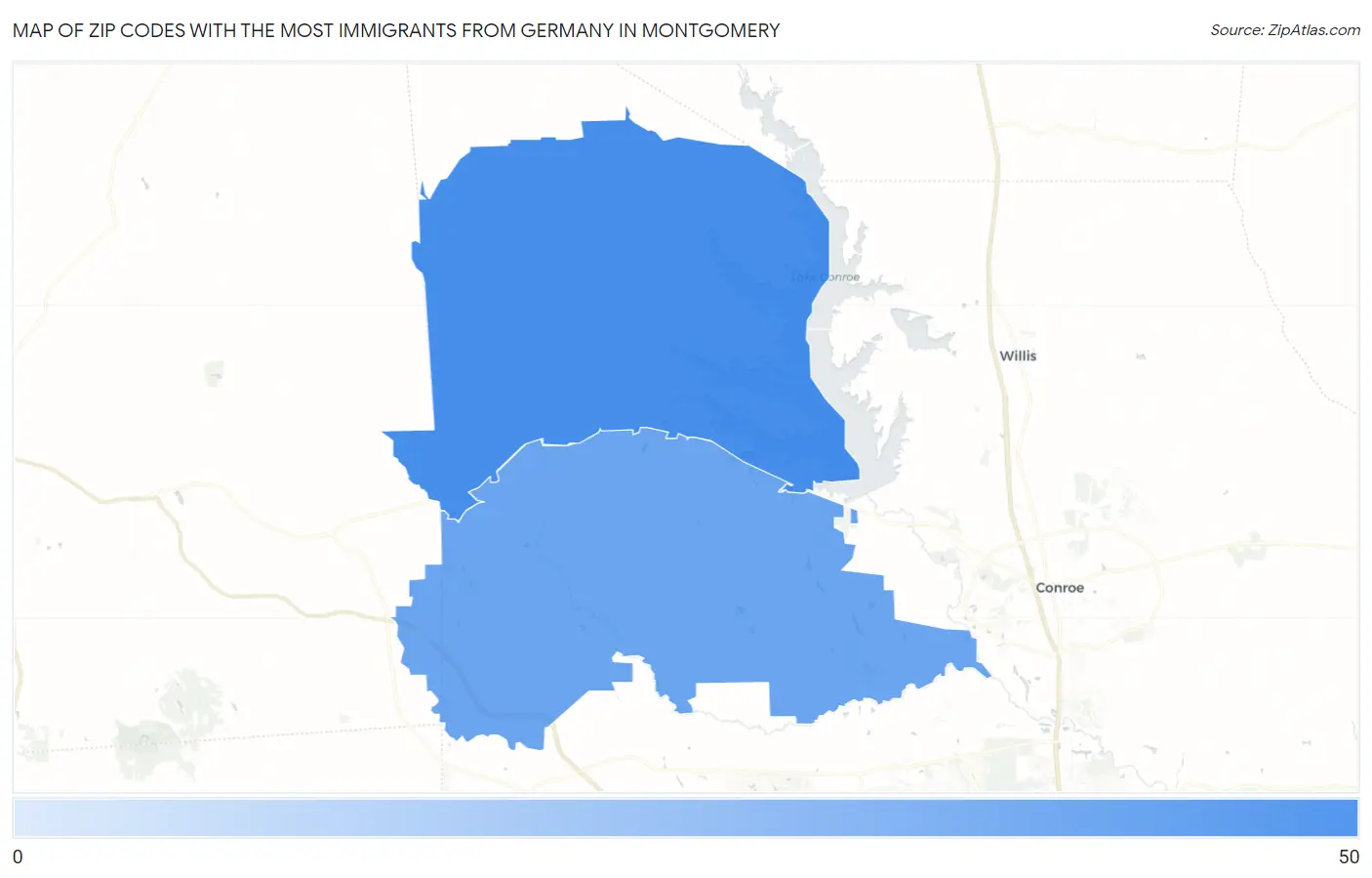 Zip Codes with the Most Immigrants from Germany in Montgomery Map