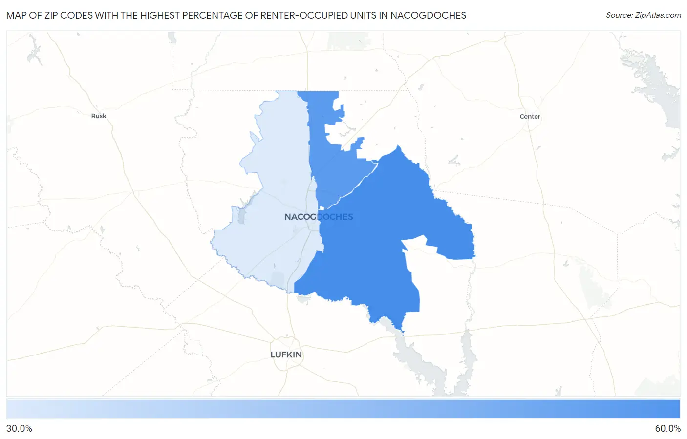 Zip Codes with the Highest Percentage of Renter-Occupied Units in Nacogdoches Map