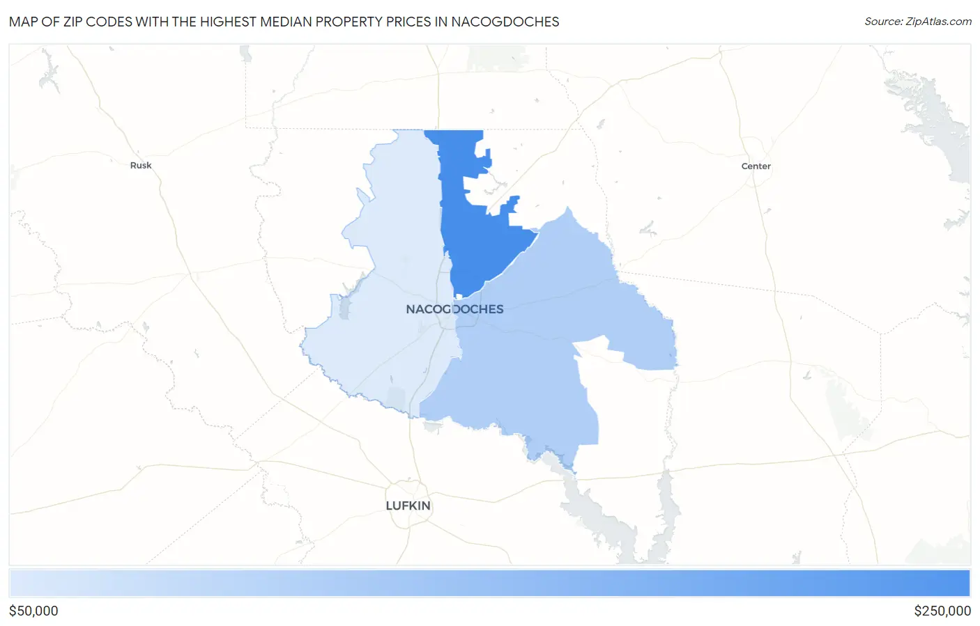 Zip Codes with the Highest Median Property Prices in Nacogdoches Map