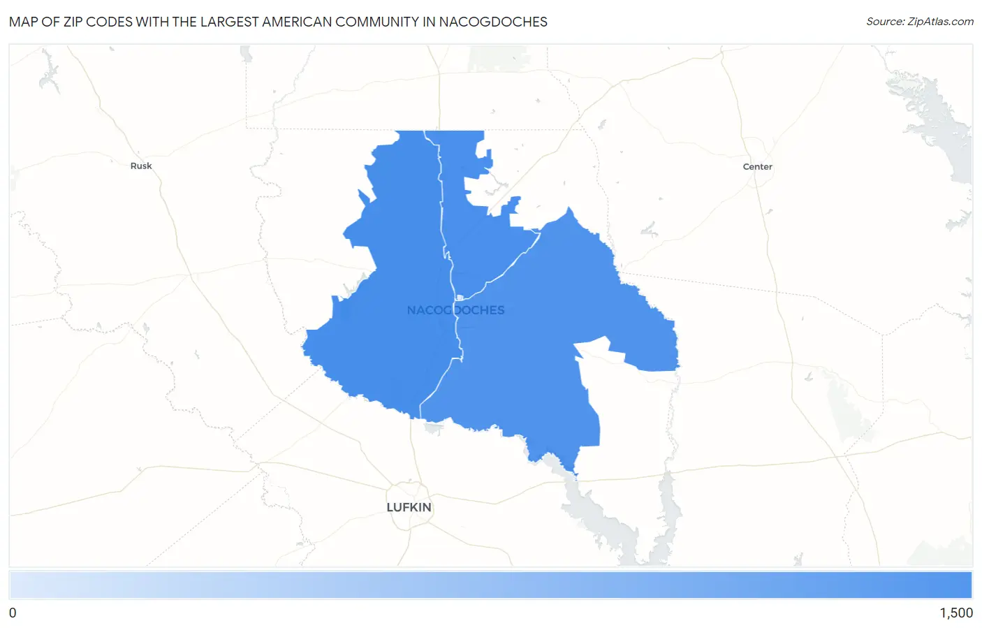 Zip Codes with the Largest American Community in Nacogdoches Map