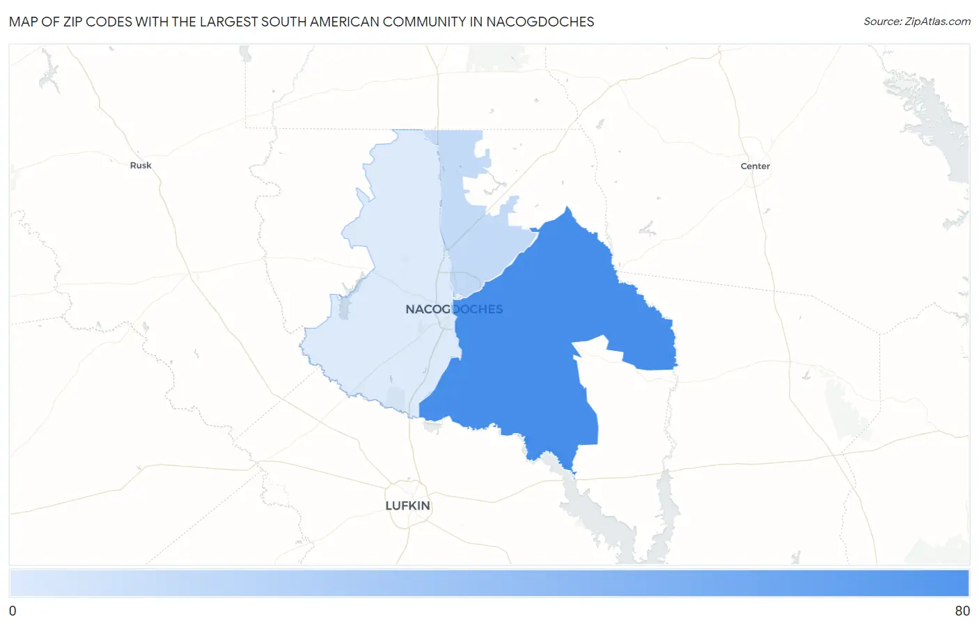 Zip Codes with the Largest South American Community in Nacogdoches Map