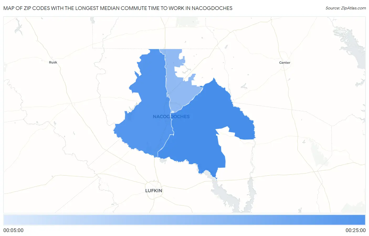 Zip Codes with the Longest Median Commute Time to Work in Nacogdoches Map