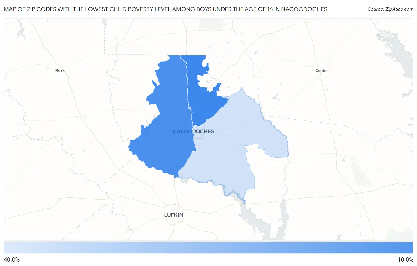 Zip Codes with the Lowest Child Poverty Level Among Boys Under the Age of 16 in Nacogdoches Map