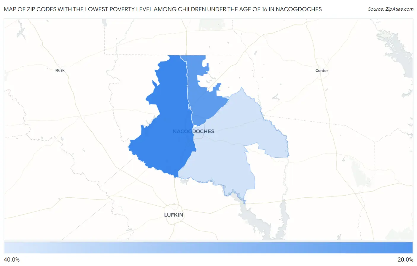 Zip Codes with the Lowest Poverty Level Among Children Under the Age of 16 in Nacogdoches Map