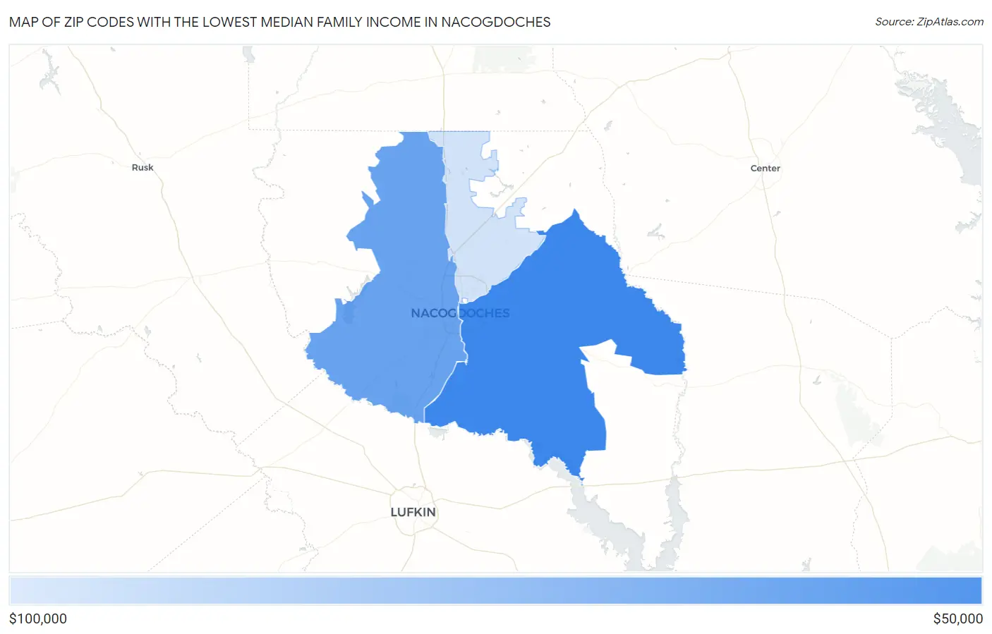 Zip Codes with the Lowest Median Family Income in Nacogdoches Map