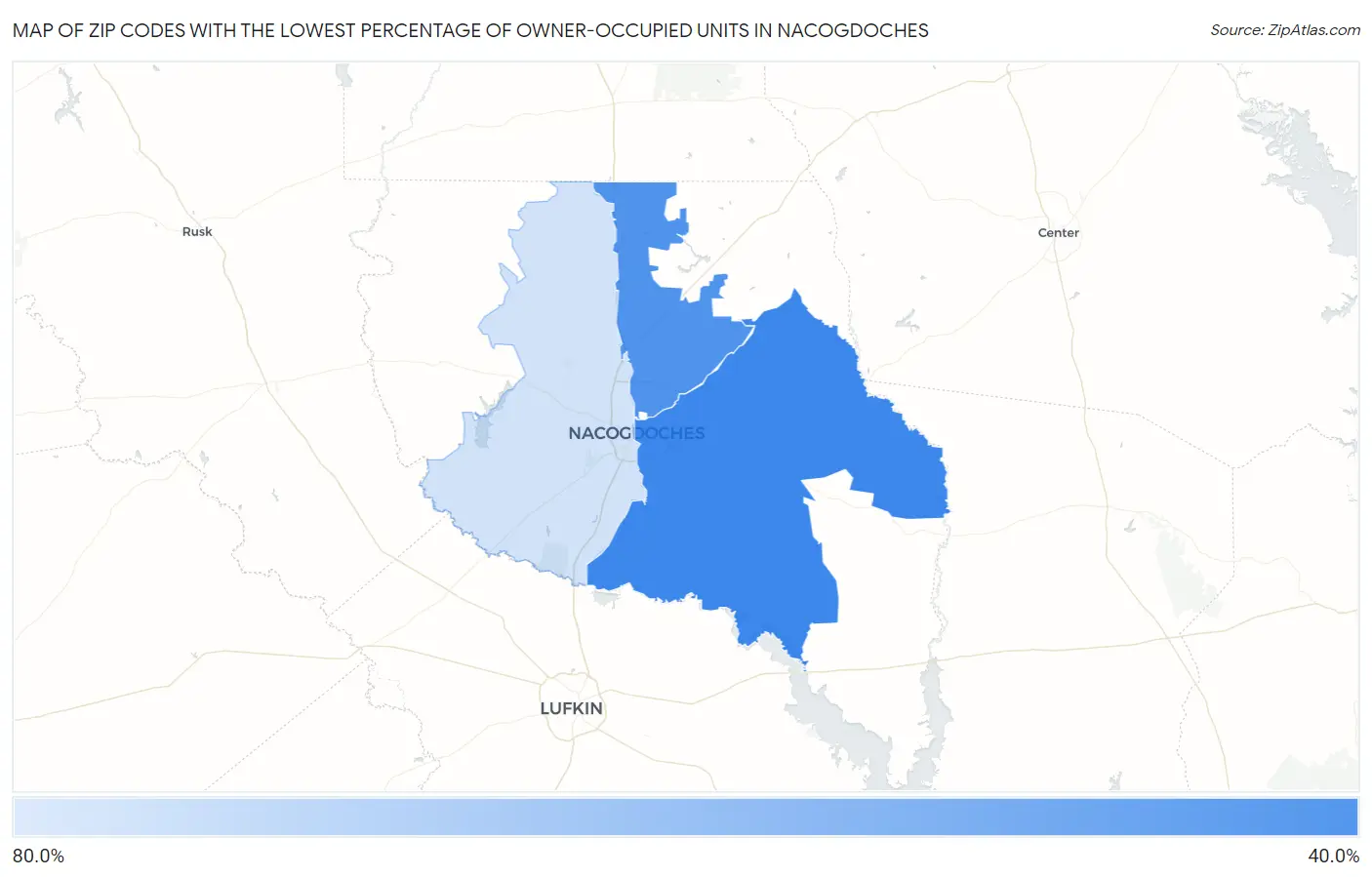 Zip Codes with the Lowest Percentage of Owner-Occupied Units in Nacogdoches Map