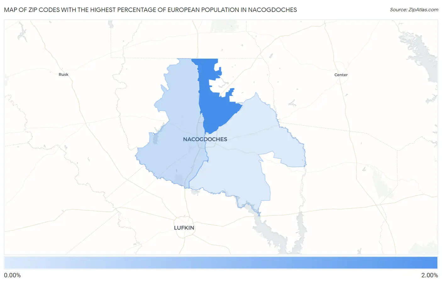 Zip Codes with the Highest Percentage of European Population in Nacogdoches Map