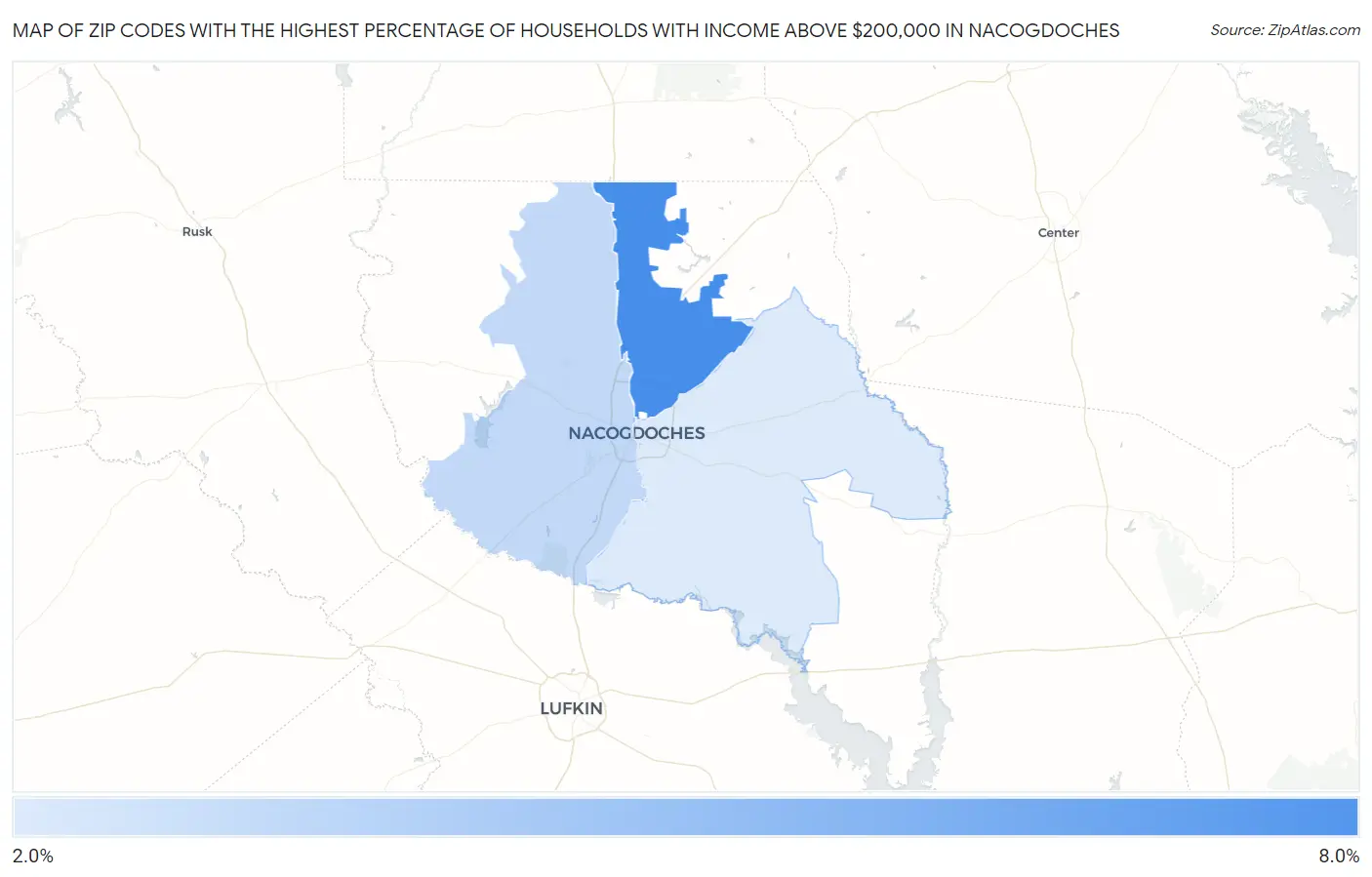 Zip Codes with the Highest Percentage of Households with Income Above $200,000 in Nacogdoches Map